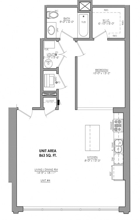 Floor plan for 1 bed, 1 bath, 973 sqft